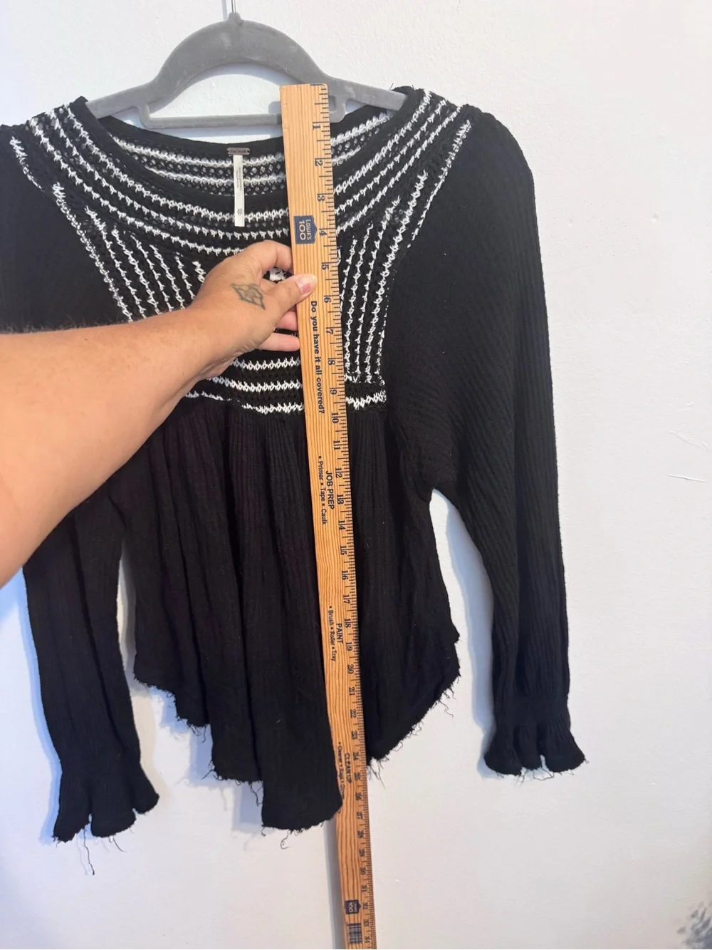 Free People Black & White Crochet Yoke Long Sleeve Top XS